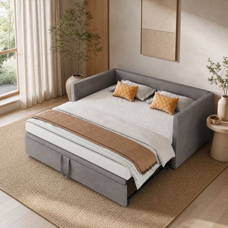 Ausziehbares Schlafsofa 90 x 200 cm auf 180 x 200 cm mit Lattenrost, grauer Samt HAVRYA (1/5)