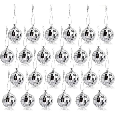 Set mit 24 reflektierenden, silbernen Glasdiscokugeln, einfach aufzuhängen, ideal für Weihnachten, Hochzeiten und Hauspartys. (1/5)