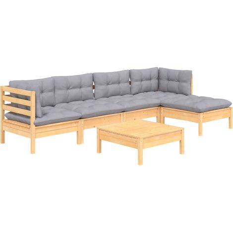 Set Divani da Giardino 6 pz con Cuscini Grigi Massello di Pino vidaXL (1/4)