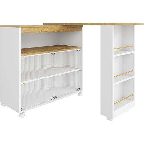 Table de bar extensible avec rangement, table de bar mobile moderne, table de bar télescopique avec LED, table haute, table bistrot, îlot de cuisine, grand espace de rangement, blanc(138-204×39×105cm)