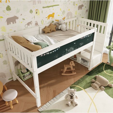 Kinder-Hochbett 90x200 cm Weiß aus Massivholz und MDF mit Tafel, Stauraumtreppe und Rausfallschutz (1/5)