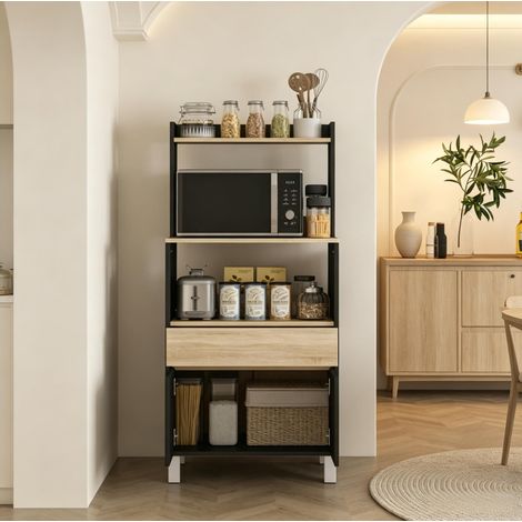 Mobile per microonde da cucina con armadietto, cassetto e ripiano superiore nero DESVIAE (1/5)