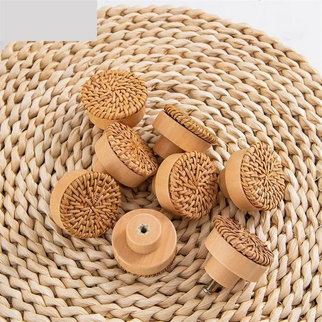 Poignées rondes en bois, boutons rotin pour tiroirs, meubles (1/5)