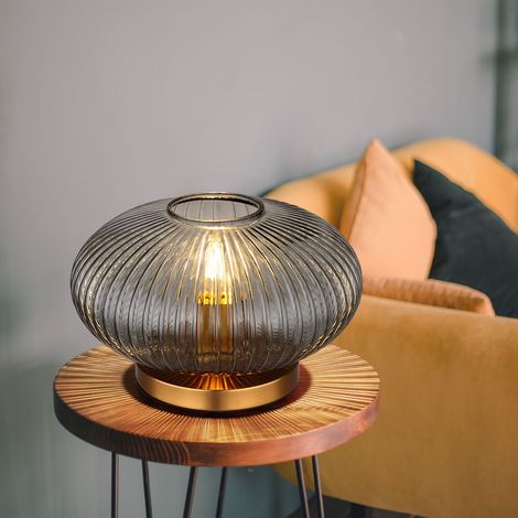 Lampada da tavolo a LED in vetro fumé retro lampada da comodino lampada da tavolo soggiorno, metallo ottone, 1x E27 filamento LED bianco caldo, DxH 30 x20 cm