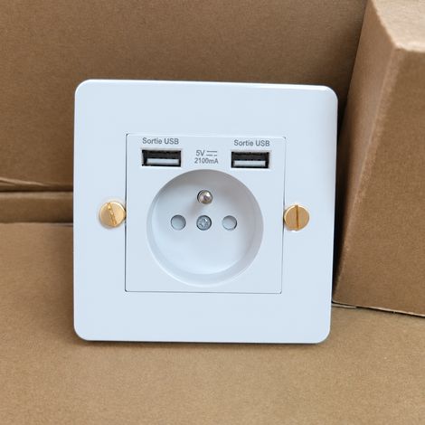 Prise française avec USB panneau acier inoxydable blanc 86x86 mm 10 × 10 × 10 cm encastré ou saillie 220-250V – Livraison gratuite (1/5)