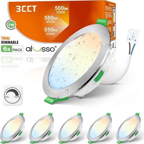 LED Spot Encastrable 7W 230V 3CCT Dimmable IP44 90-100mm Lot de 6 580 Lumen 230V éclairage Plafond Encastré, Blanc Chaud 3000K Blanc Neutre 4000K Blanc Froid 6500K, IP44 Pour Salle de Bain (1/5)