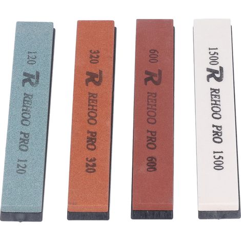 Ensemble de 4 pierres à aiguiser à angle fixe pour couteaux, grains 120, 320, 600 et 1500, à eau. (1/5)