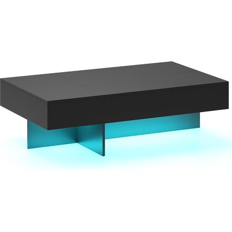 Mesa de centro negra de alto brillo con luces LED y 3 cajones.