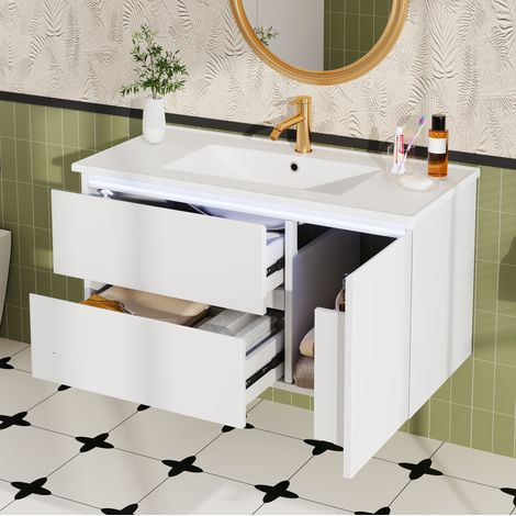 Mobile bagno sospeso con lavabo 91,5 x 46,5 x 50,5 cm bianco HAVRYA (1/5)