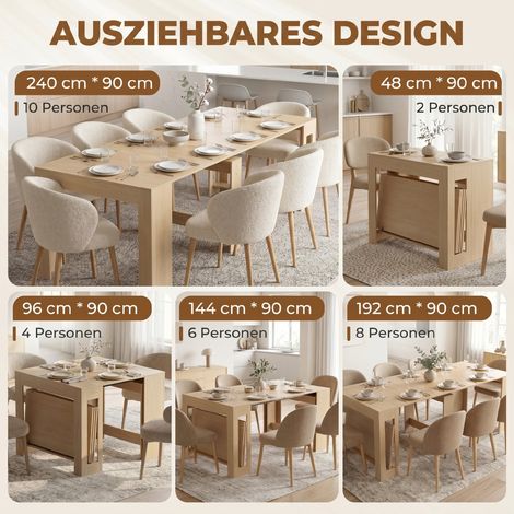 Table extensible pour petits espaces, convertible en console, assises pour 10 personnes, effet bois marron clair (1/5)