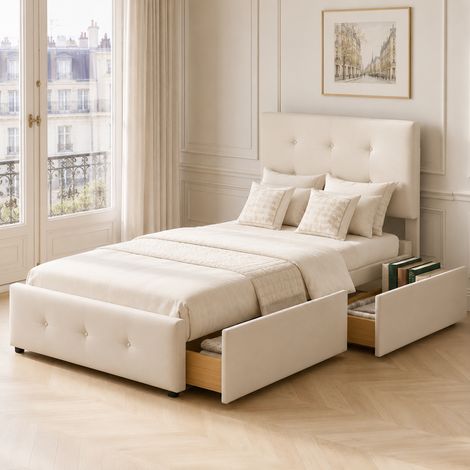 Letto singolo 90x200 cm con 2 cassetti, letto imbottito per bambini e ragazzi, rivestimento in morbido velluto, rete a doghe in legno, beige (1/5)
