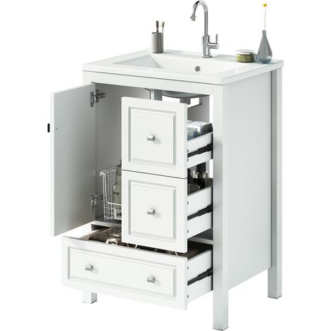 CHICFURN Meuble vasque salle de bain sur pied 62 x 47 x 90 cm avec vasque en céramique, 1 porte 3 tiroirs, rangement, fermeture douce, meuble lavabo blanc (1/5)
