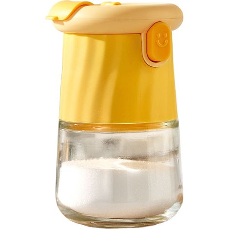Dispensador amarillo de sal y pimienta (1 unidad). Dosifica 0,5 gramos de sal por pulsación. Sistema de bloqueo por inclinación. (1/5)