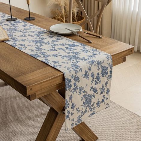 Chemin de table à motifs floraux - Chemin de table - Nappe en coton et lin - Décoration de table - Chemin de table long - 30 x 220 cm - Coton et lin - Blanc et bleu (1/5)