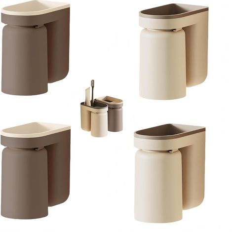 Juego de 4 soportes de pared para cepillos de dientes, no requiere taladrar. Soporte de pared para baño. Soporte autoadhesivo de pared para cepillo de dientes eléctrico - Marrón y beige (1/5)