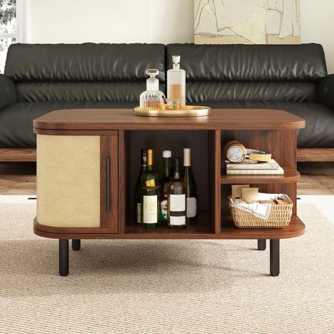 Table basse incurvée en bois de noyer - 80x60x47cm - Design portes tressées avec niches et pieds en métal - Moderne - Noyer (1/5)