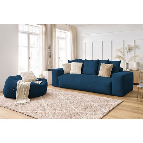 BOBOCHIC - Canapé droit fixe 3 places VOLTAIRE velours côtelé avec pouf   Bleu foncé (1/5)