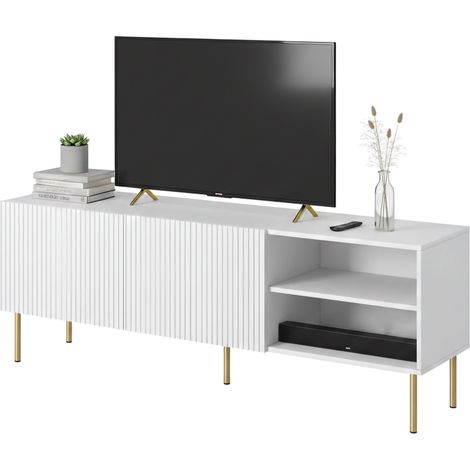 Mueble de TV Magnano, aparador de salón con cuatro puertas batientes, elevado del suelo, 150x42 h52 cm, blanco