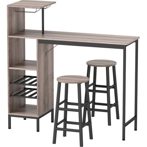 Ensemble bar 3 pièces avec rangement, porte-bouteilles, tabourets avec repose-pieds, gris (1/5)