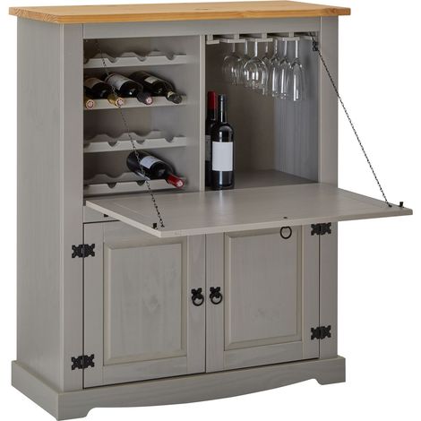 Idimex – Meuble bar à vin en pin massif gris/brun – Compartiment supérieur avec plateau relevable – 4 étagères porte-bouteilles pour 16 bouteilles (1/4)