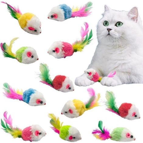 Jouet pour chat en peluche - Lot de 12 - Multicolore avec plumes - Intérieur (1/4)