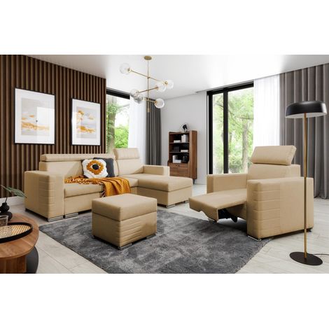 Ecksofa inkl. Hocker und Sessel CANTON Stoff Liverpool Beige Ottomane Rechts (1/4)