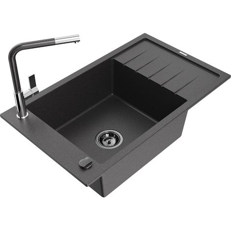 Mexen Elias Granit-Spülbecken 1-becken mit Abtropffläche und Küchenarmatur Flora, schwarz gesprenkelt - 6511-76-670401-08-B (1/5)