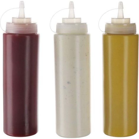Juego de 3 botellas flexibles, con tapón de rosca y boquilla dosificadora, de plástico HDPE, para uso en cocina y barbacoa. (1/5)
