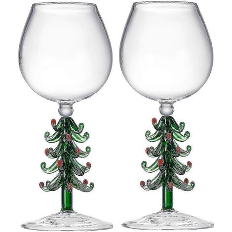 Verres à pied en cristal vert en forme de sapin de Noël - 30 cl - Lot de 2 (1/5)