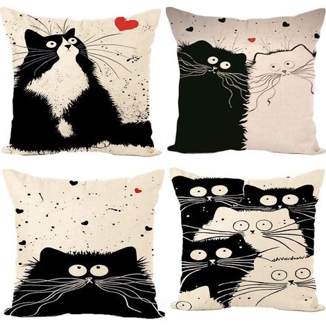 Set of 4 45 x 45 cm Cotton Linen Black and White Cat Printed Square Cushion Cover for Bed Car Home Sofa (1/4)