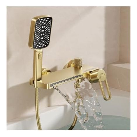 Robinet Baignoire Or avec Douchette, Mitigeur Baignoire Cascade Mural