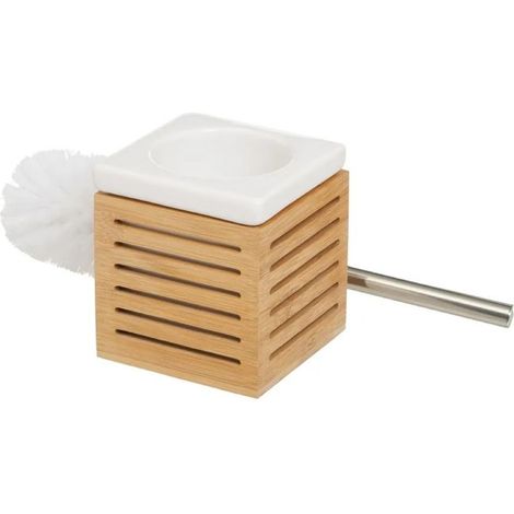 Brosse à toilettes avec poignée en acier gris et support en céramique blanc et bambou - Longueur 11 x Largeur 11 x Hauteur 37 cm (1/3)