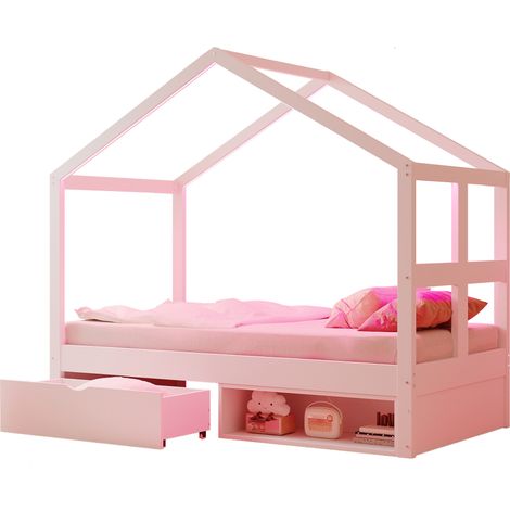Einzelbett 90x190 cm im Haus-Design mit Schublade, Schuhregal und mehrfarbiger LED, Weiß (1/5)