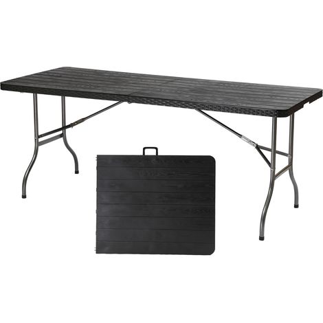 Table de buffet, table pliante, aspect rotin, table de camping, table de fête, table pliante, table de jardin avec poignée de transport pour jardin, balcon, terrasse, 150 cm, grain de bois noir (1/5)