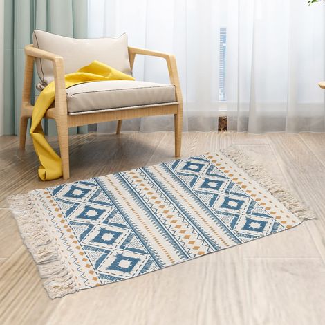Petit tapis bohème en coton tissé avec pompons, lavable, 90 x 60 cm, style rustique, bohème, vintage, pour cuisine, salle de bain, chambre, buanderie, entrée, intérieur (1/5)