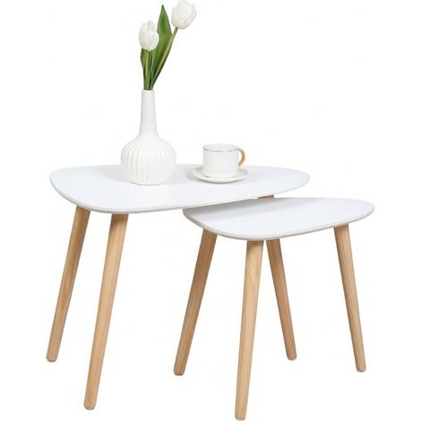 CHICFURN Set de 2 mesas auxiliares nido de salón, diseño escandinavo, mesa de centro modular con almacenaje, MDF y madera de pino, blanco y madera clara (1/5)