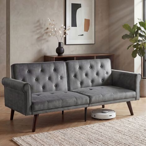 Canapé Convertible 2 Places en Velours Clic Clac Canapé-Lit Salon avec Dossier Inclinable et Pieds en Bois Style Scandinave - Beige (1/5)