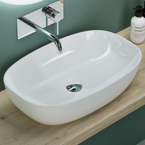 Mai & Mai Lavabo da Appoggio 60x39,5x14cm, Lavandino Bagno Brüssel104 in Ceramica con Nano Rivestimenti inclusi, Bianco (1/5)