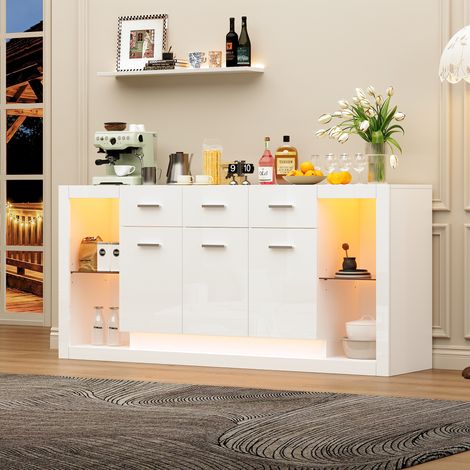 Buffet 160 cm LED blanc laqué brillant avec 3 tiroirs, 14 étagères et base verre trempé meuble salon moderne (1/5)