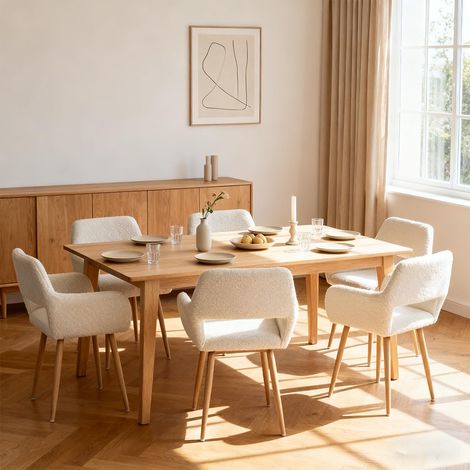 Meuble Cosy Chaises Salle à Manger avec Accoudoirs Lot de 6, Fauteuil de Cuisine Rembourrée en Boulette avec Pieds en Métal, Scandinave, Crème (1/5)