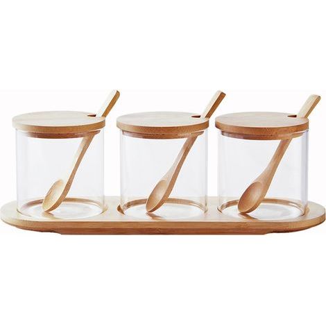Set aus 3 durchsichtigen Glasvorratsgläsern mit Holzfuß / luftdichten Gläsern mit Bambusdeckeln und Löffeln. Durchsichtige Glasvorratsgläser. Luftdichte Gläser für Blumen. (1/5)