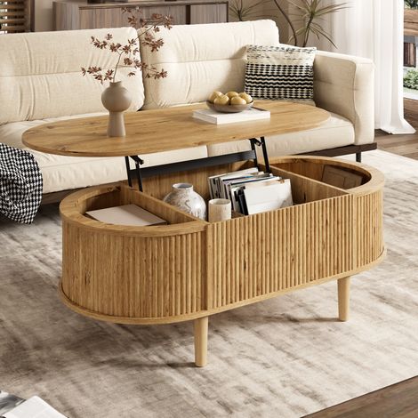 Table basse ovale 100x48x54,5 cm en MDF avec hauteur réglable, rangement intégré et design effet ondulé - Chêne