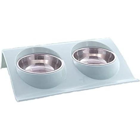 Cuenco double para perro para mascotas, acero inoxidable, no derrame, alimentar alimentos y cuencos de agua para chatos y perros, azul-S (1/5)