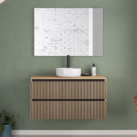 Meuble de salle de bain 100cm avec plateau et vasque à poser ronde - 2 tiroirs - roble era (chêne clair) - VENERIA