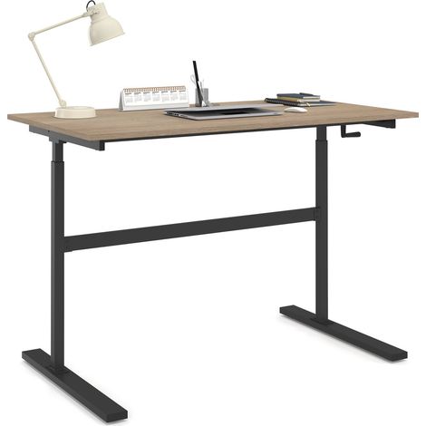 Scrivania JEANNE, diritta, sit/stand con manovella, altezza regolabile da 70 a 120 cm, legno di faggio e nero
