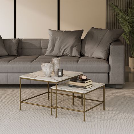 Conjunto de mesas de centro Ramio, Blanco/Oro, 60 x 60 cm 2 partes, Vicco
