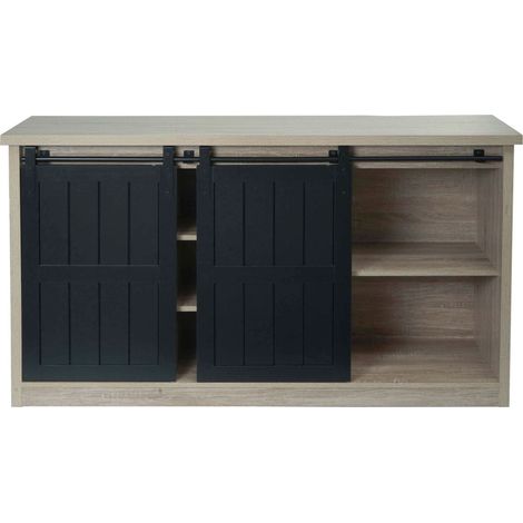 Aparador HHG-158, armario alto estante puerta corredera 7 compartimentos aspecto madera metal industrial 84x150x40cm, color natural
