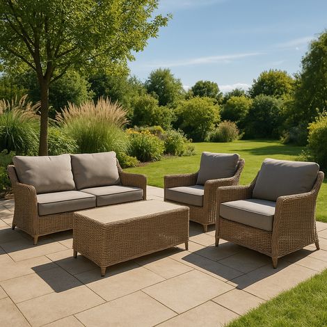 SET SALOTTO ADRIANO IN ECORATTAN BEIGE CON CUSCINI GRIGI E TAVOLO BASSO CON TOP EFFETTO SABBIA IN VETRO (1/5)