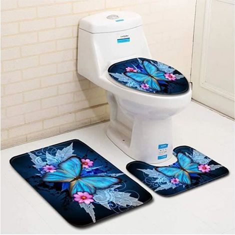 Ensemble Tapis de Bain 3 Set Motif Papillon Bleu WC Tapis Contour Tapis de Salle antidérapant de Doux et Co MOUSTIQUAIRE DE CAMPING (1/5)