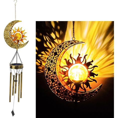 Carillon éolien Solaire Mignon Soleil et lunes lumière décorative en Fer Art Soleil et lunes, Un Carillon éolien Portable LED décoratif extérieur Cadeau pour Les Amis. (1/4)